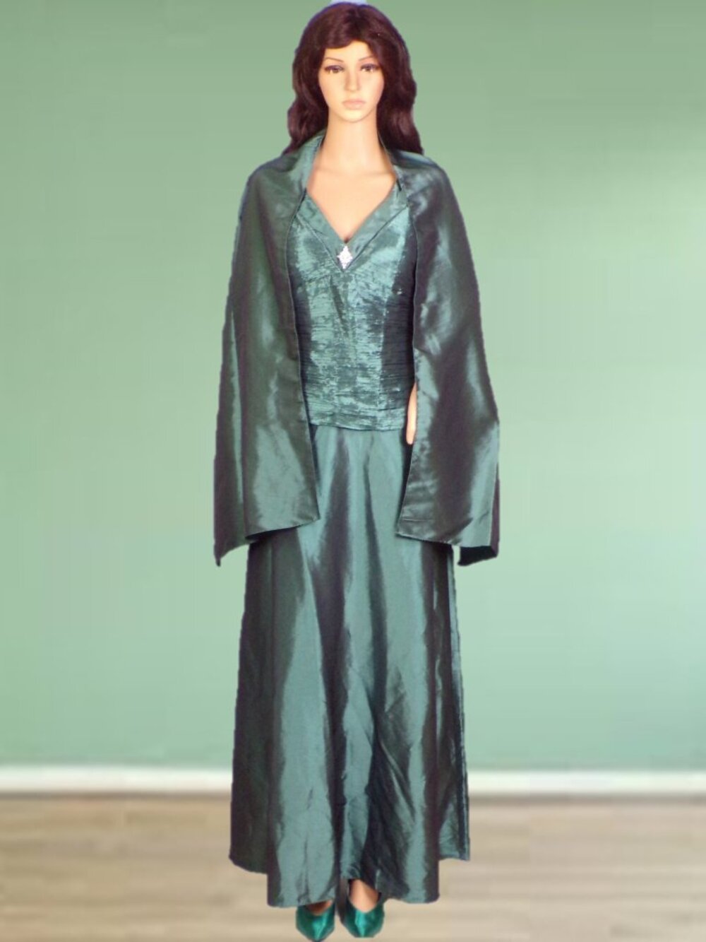 PATRA size 12 teal-green taffeta 2-piece evening ensemble gown/shawl poly/nylon